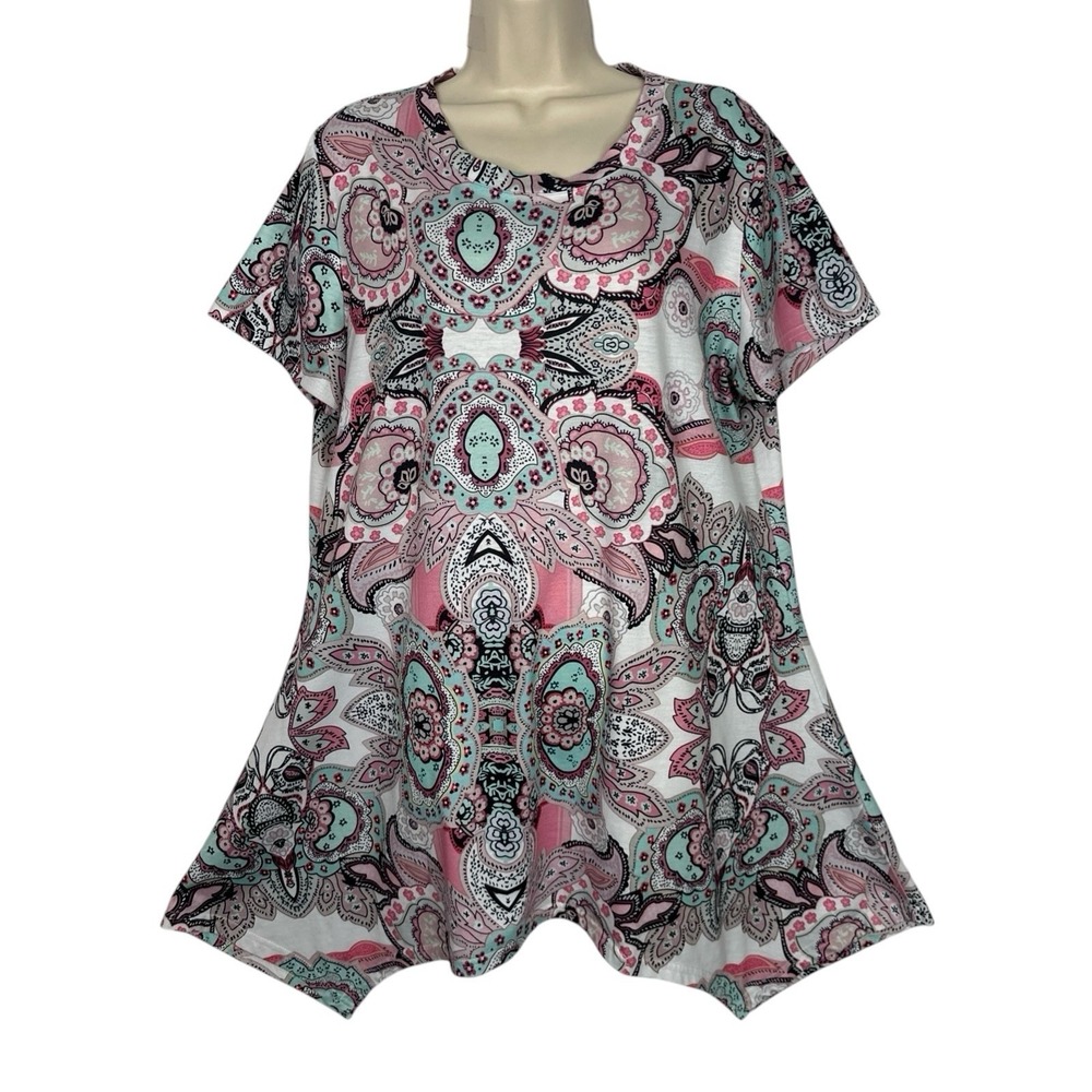 Mirol Womens XL Paisley Sharkbite Tunic Top Pink Mint Short‎ Sleeve Boho Swing